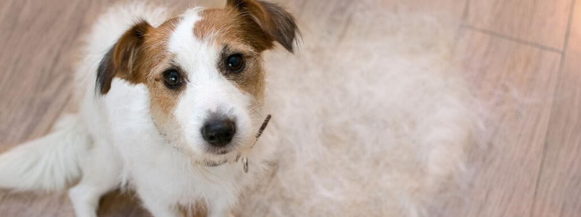 Shedding Jack Russell sitting next to pile of shed fur